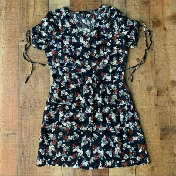 Derek Heart Floral Print Tie Short Sleeve Button-Front Navy Dress Adjustable - Picture 1 of 9